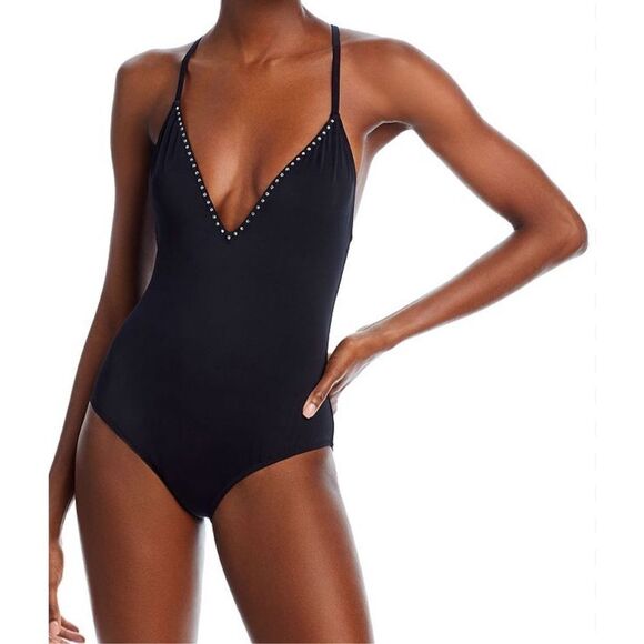 AQUA Swimwear One Piece Swimsuit Black Extra Small Rhinestone Trim Detail NEW - Picture 1 of 7